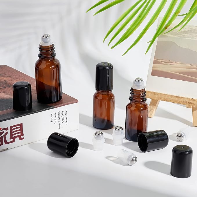 BENECREAT 24Sets Essential Oil Roller Inserts Kit, Stainless Steel Roller Balls and Black Bottle Cap for 5~15ml Essential Oils, Cosmetics Bottle, 9mm inner diameter
