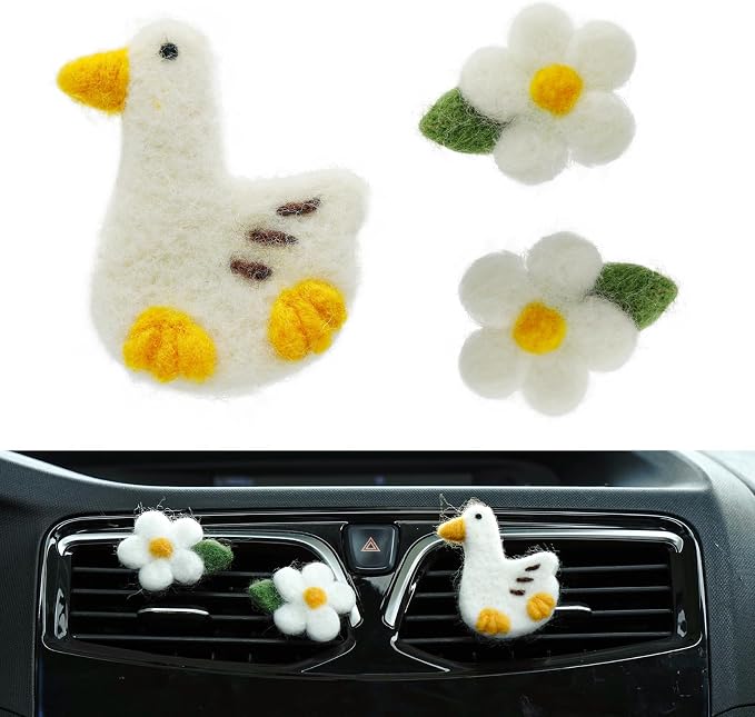 Wonhibo Duck & Floral Felt Vent Clips (3 Pack) - Refillable Car Air Freshener Decor with Cute Stuffed Designs