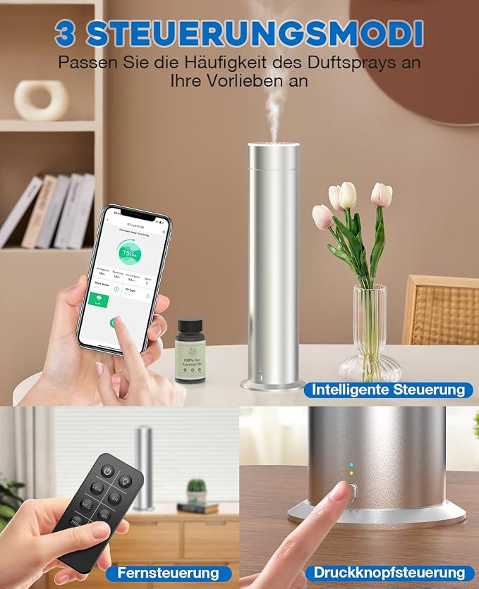 Waterless Scent Diffuser Starter Kit: 1200 Sq Ft Coverage Rechargeable Waterless Diffuser with LED Light & Remote & App - Waterless Essential Oil Diffuser for Home Hotel Silver