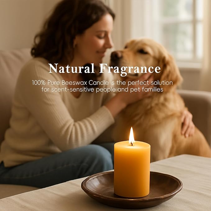Natural Beeswax Candles Set of 4, Handmade Beeswax Pillar Candles Set, 4 Sizes, 100% Pure Unscented Bees Wax Candle, Honey Aroma Pillar Candles Bulk, for Calming, Relaxing, Air Purification