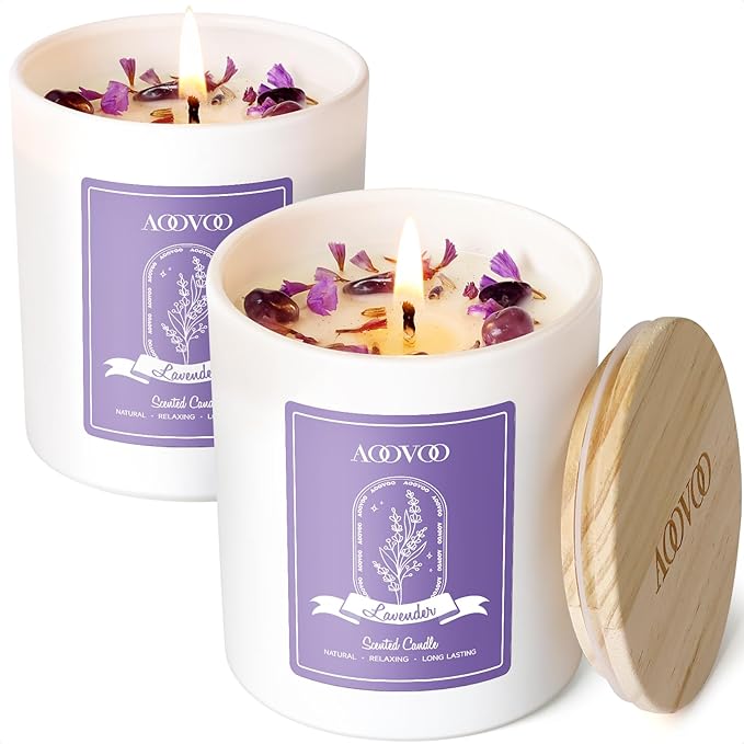 AOOVOO Lavender Scented Candle Set 2 Pack - Aromatherapy Candle with Crystals Inside, 20oz Soy Candles for Home Scented, Birthday Gifts Mothers Day Candle for Women Mom