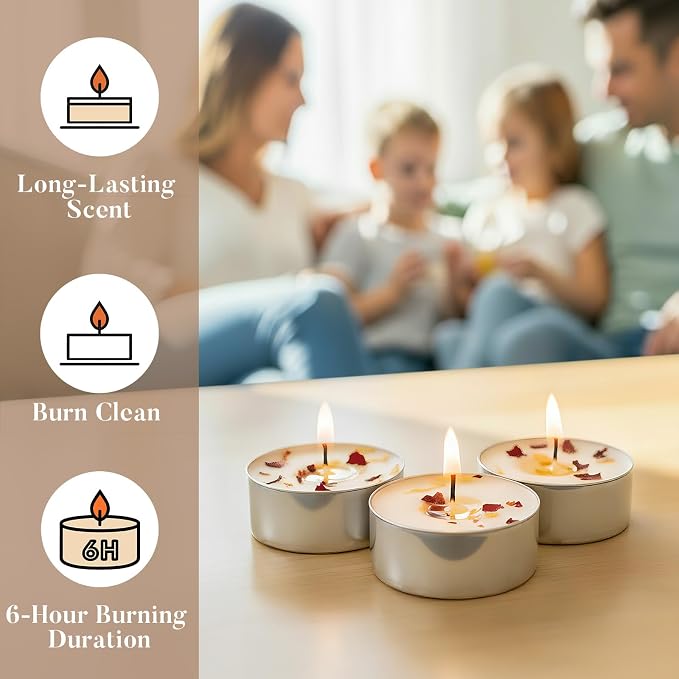 16 Pack Rose Tealight Candles, Petals-Infused with Real Rose Petals, Natural Soy Wax 4-Hour Clean Burn, Smokeless for Relaxation, Wedding & Home Decor