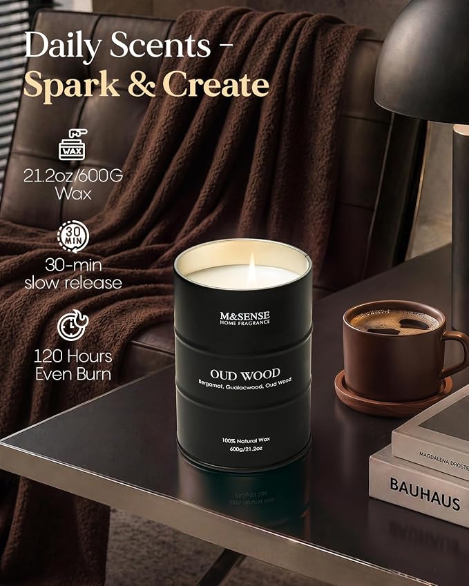 M&SENSE Oud Wood Large Scented Candles Natural Soy Wax, 21.2oz Long Lasting Up to 120 Hours Burning Time, Unique Candle Gifts for Men Women