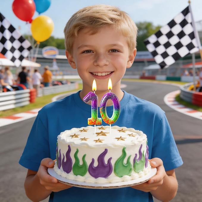 Number 10 Birthday Candle for Cake – Purple Green Flame Design with Lightning & Tire Track Pattern – Off-Road Truck Theme Cake Topper for Birthday Party Decoration