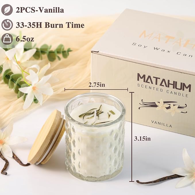MATAHUM 2 Pack Vanilla Scented Candles for Home Decor, 6.5oz Natural Soy Wax Aromatherapy Jar Candles, Vanilla Candle for Home Scented Relaxing, Birthday Housewarming Giftable for Women Girls and Mom