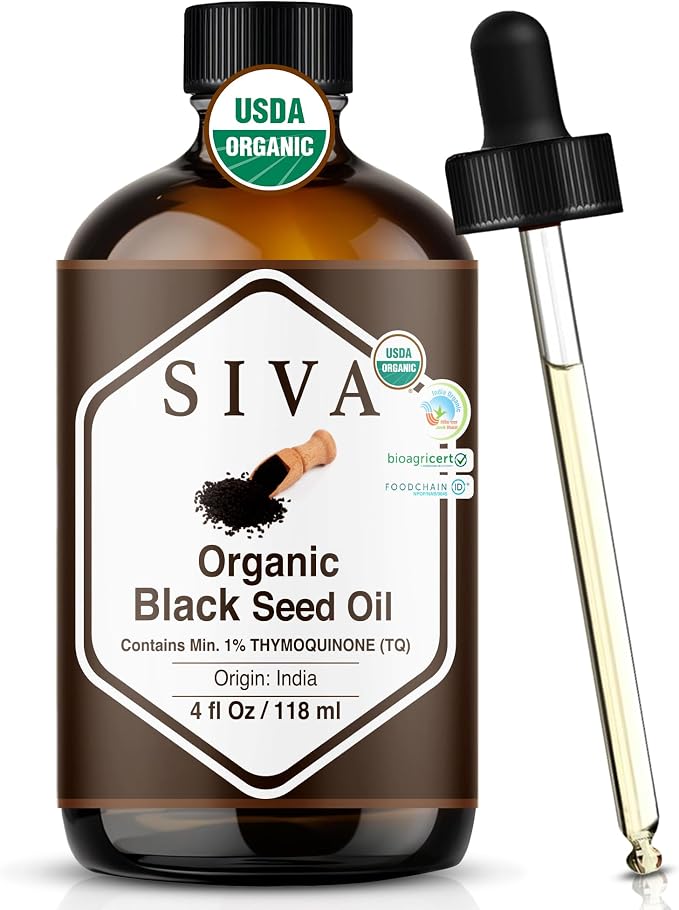 SIVA Black Seed Oil Organic - 4 Fl Oz – 100% Natural Cold Pressed Black Seed Oil - for Face, Skin Care, Hair Care, Scalp Massage & Body Massage – Carrier Oil with Dropper