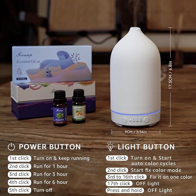 Gooamp 200ML Ceramic Essential Oil Diffuser - Ultrasonic Aromatherapy & Humidifier with 7-Color LED Lights, Auto Shut-Off, White, 1H/3H/6H Timer | Scent for Home,Office,Yoga