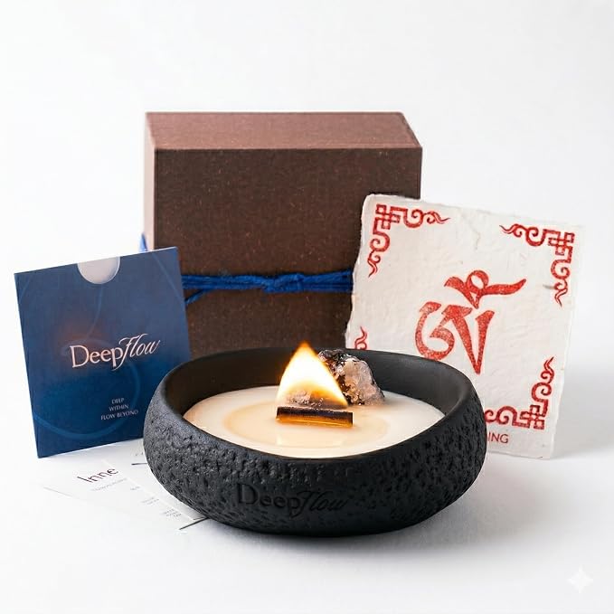 DEEP FLOW Luxury Crystal Ritual Candle - Inner Light with Black & White Moonstone, Clean Herbal Woody Scented Soy Wax for Meditation & Spiritual Clarity (Soul Awakening)
