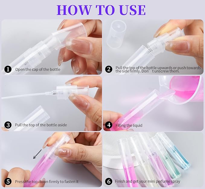 Fandamei 60PCS Mini Spray Bottle, 30PCS 3ml Mini Clear Plastic Spray Bottle Empty with 30PCS 5ml Fine Mist Refillable Mini Perfume Bottle. Small Empty Sample Containers Bottle.