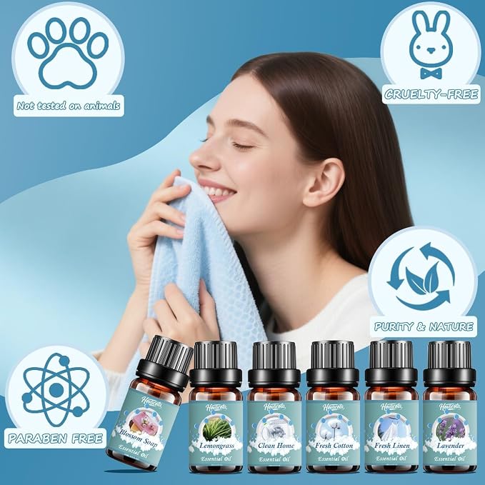 Laundry Essential Oils Set, Diffusers Oils for Home, Clean Fragrance Scents Blends for Humidifiers, Candle Soap Making, Including Clean Home,Blossom Soap,Lavender,Fresh Linen,Fresh Cotton,Lemongrass