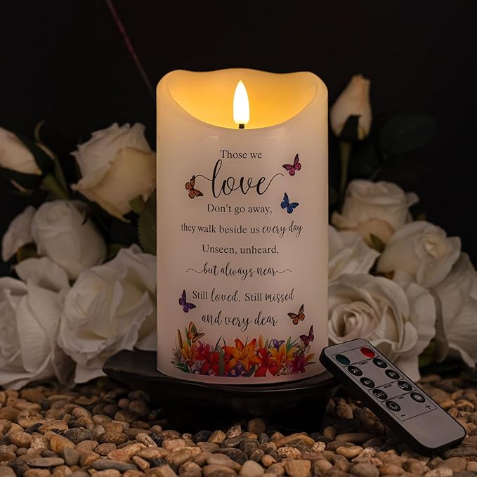 Flameless Memorial Candle, Real Wax LED Light with Remote Sympathy Bereavement Gifts for Loss of Loved One Sympathy Candles for Loss of Mother Father Mom Dad Son Remembrance Gifts (4" x 7")