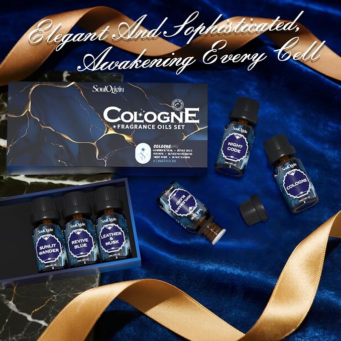 Soulorigin Cologne Fragrance Oils Set, Essential Oil for Diffuser, Men Scent Diffuser Oil, Use for Soap Candle Making, Cologne, Leather&Musk, Revive Blue, Sunlit Wander, Gentleman's Blend, Night Code