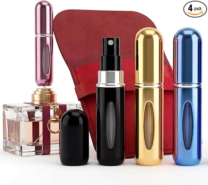5ml Travel Perfume Bottle Refillable Atomizer Sprayer for Perfume,Leakproof Perfume Atomizer Travel, Portable Refillable Perfume Bottles, (Blue, Black, Pink, Gold + Leather Pouch)
