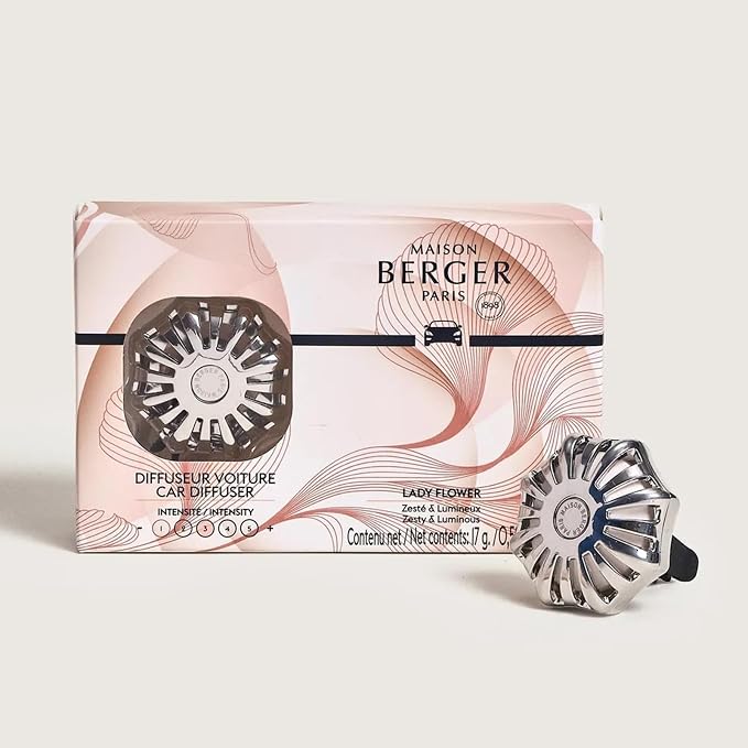 MAISON BERGER Car Diffuser Set, Corali Lady Flower | Jasmine Mimosa Rose Notes, Refillable Vent Clip with Ceramic Refill, Passive 4-Week Diffusion, Made in France