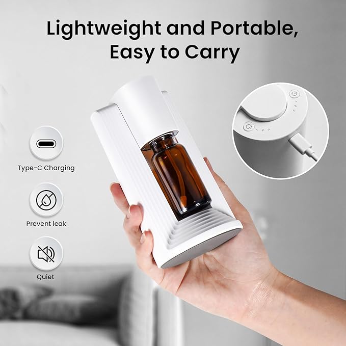 Waterless Essential Oil Diffuser, Portable Aromatherapy Diffuser, Fit for 10-20mL Essential Oil Bottles, 3 Timer & 3 Mist Level, Rechargeable Mini Scent Diffuser for Home, Room, Car and Office (White)