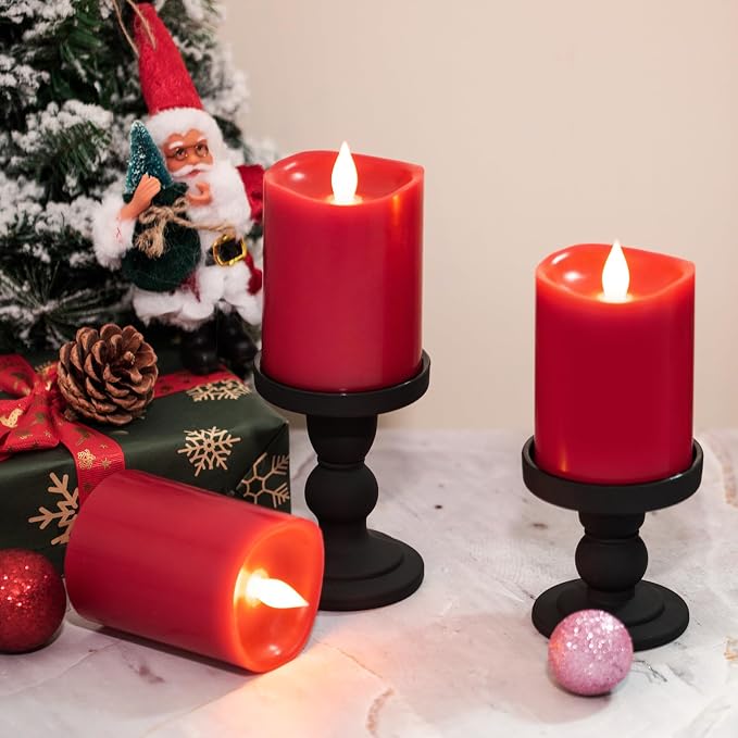 3-Pack 3x4 inch Flameless Candles: Realistic Flameless LED, Battery-Powered Pillar Candles with Remote & Timer, Fake Candles for Fall Decor, (Red, 3"*4"-3pcs)
