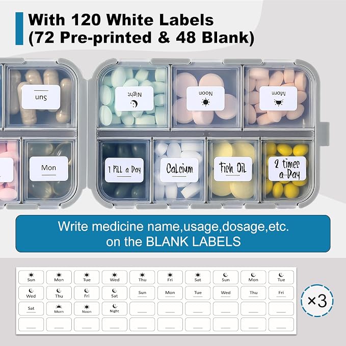 LANDNEOO 14 Grids Pill Organizer Box with Labels, Travel Medication Holder Dispenser Case Kit, Pocket Daily Pharmacy Container for Fish Oil Vitamin Supplement Storage, Khaki Pink Grey, 3 Pack