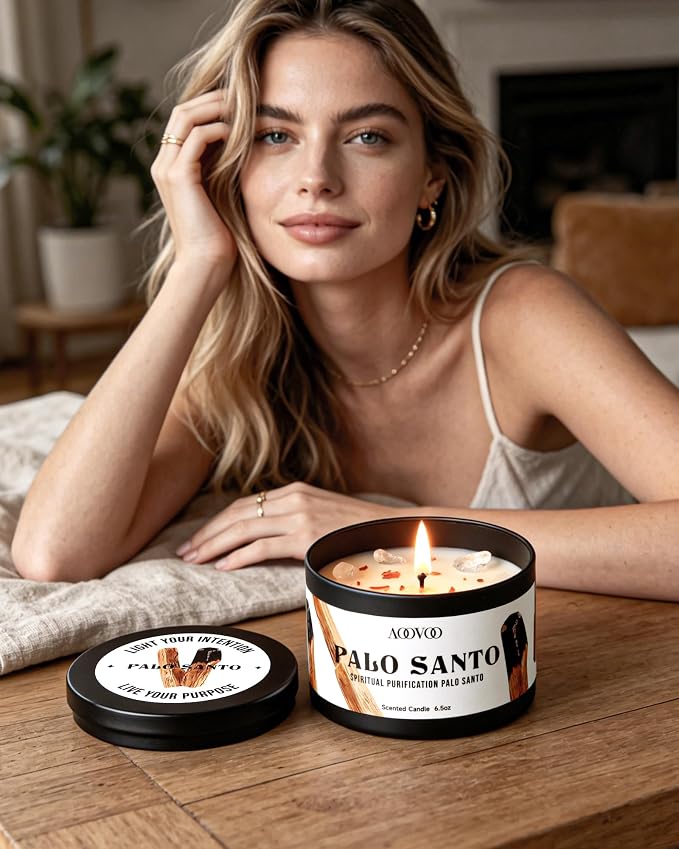 AOOVOO 2 Pack Palo Santo Candles – Cleansing Candle with Crystals & Palo Santo Wood Inside, 13oz 100 Hours Long Lasting, Non Toxic Candle for Spiritual House Energy Meditation Yoga