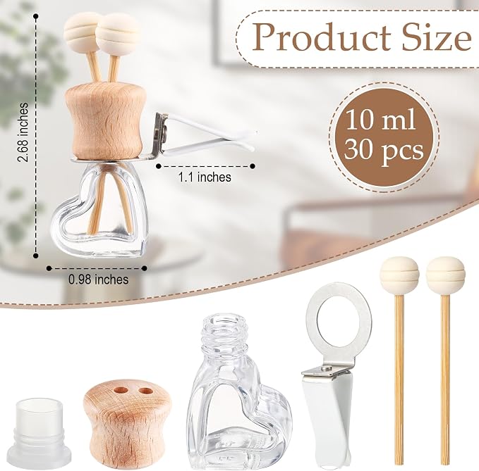 Zubebe 30 Pack Car Air Freshener Diffuser with Vent Clip Empty Car Diffuser Bottles for Essential Oil Perfume Glass Bottle with Wooden Caps Stick(Heart)