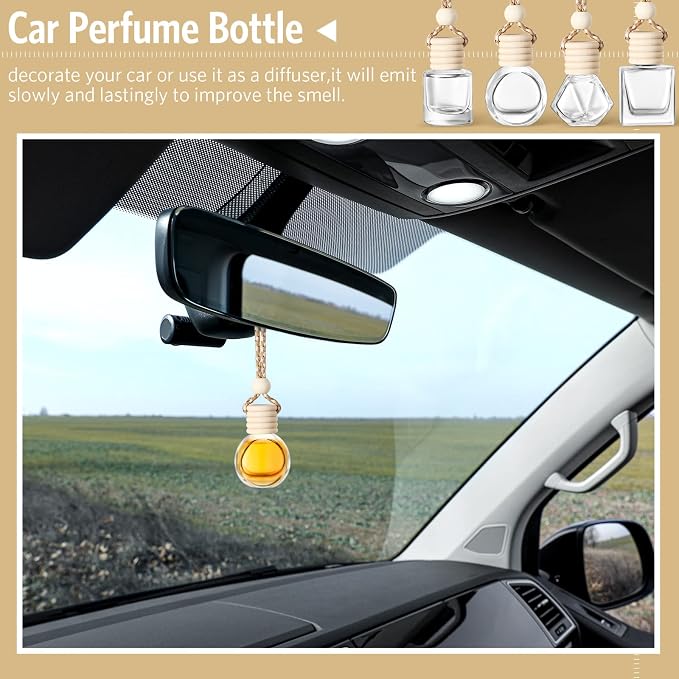 BOTO 100 Pcs Oil Air Freshener Diffuser with Wooden Cap Empty Essential Diffuser Aromatherapy Car Fresheners Clear Car Fragrance Holder Pendant Aesthetic Decor Hanging Perfume Bottle (Various Style)