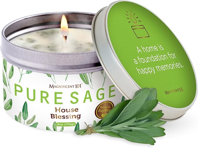 Magnificent 101 Long-Lasting Pure Sage Smudge Candle | 6 Oz - 35-Hour Burn | Essential Oils, 100% Natural Ingredients | Smoke Free, Petroleum Free Candle to Cleanse Your Home