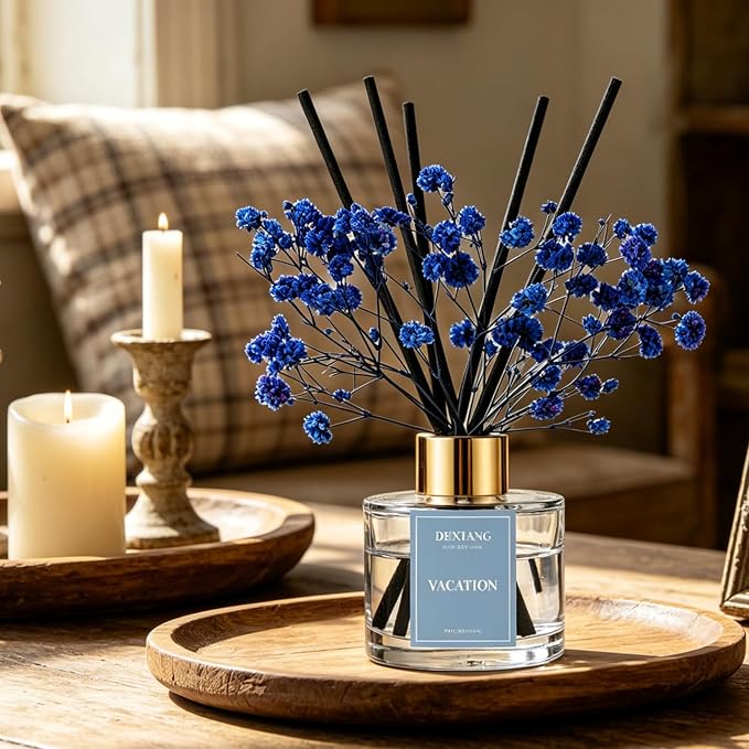 Reed Diffuser Set, 3.38 fl oz (100ml) Vacation Scent Oil Diffuser with 6 Reed Sticks, Natural Home Fragrance Reed Diffuser for Bathroom, Bedroom, Living Room Shelf Decor