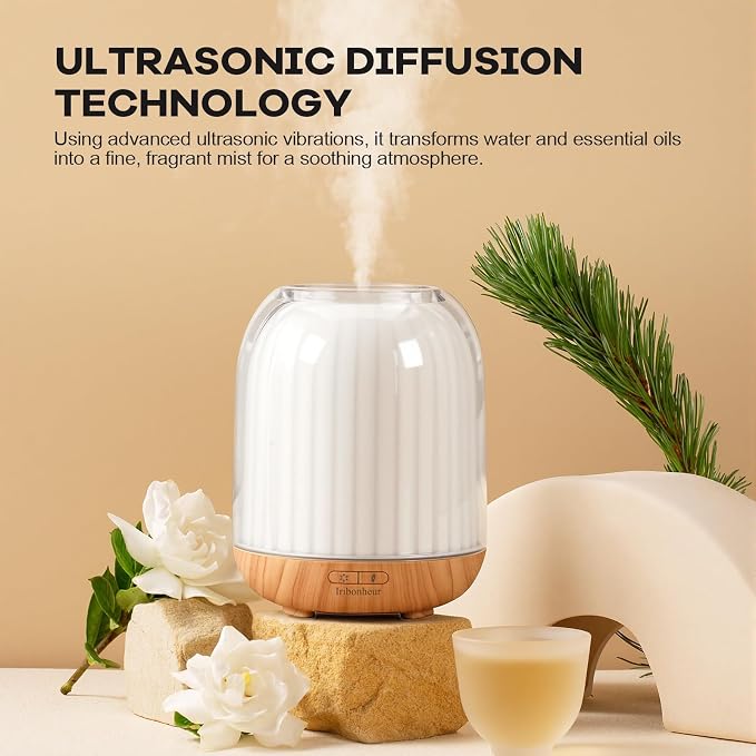 Essential Oil Diffuser with Night Lamp | 120ml USB Portable Aroma Diffuser with Wood-Grain Base & Glass-Look Cover | Humidifier with Lights | Small Humidifier for Bedroom, Office | Room Décor | Gift