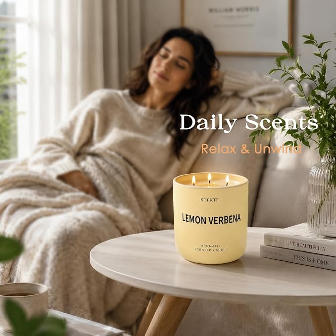 Lemon Verbena Candle, 14.1oz Large 3-Wick Soy Wax Candle, Up to 80 Hours Burn Time, Non-Toxic Aromatherapy Jar Candle with Essential Oils, Citrus Scented Candle for Home