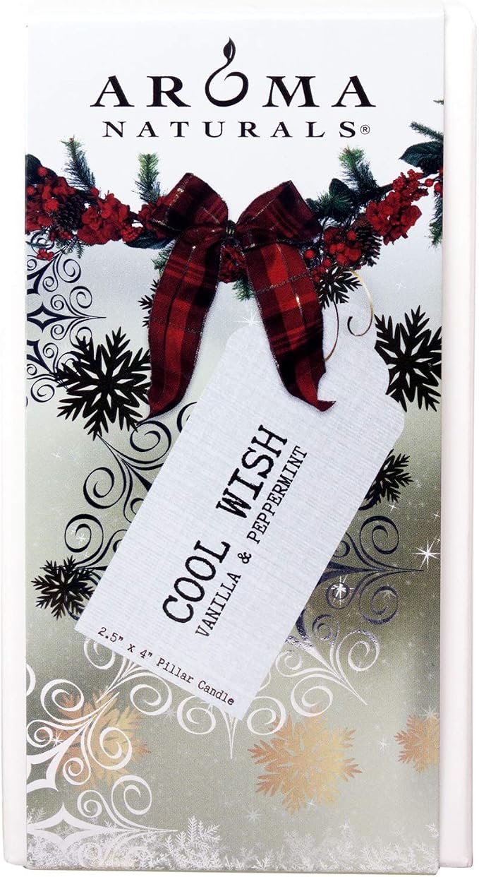 Aroma Naturals Holiday Essential Oil Vanilla & Peppermint Scented Pillar Candle, Cool Wish, 2.5 inch x 4 inch