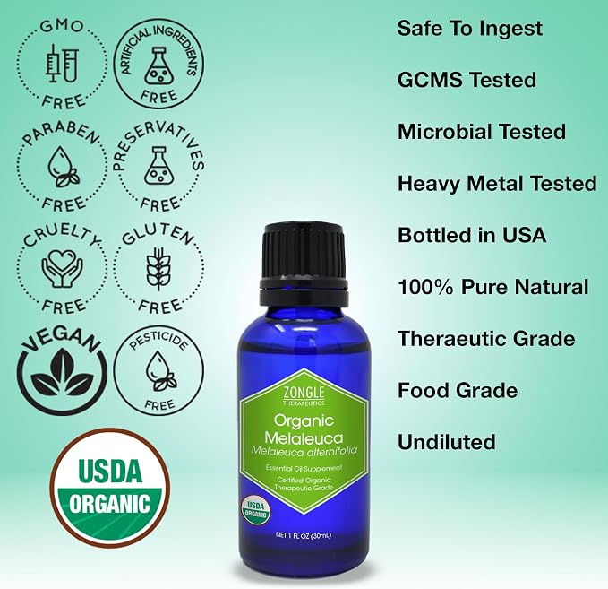 Organic, Tea Tree, Melaleuca, Oil, Food Grade – 100% Pure, Tea Tree Essential Oil, by Zongle Therapeutics, 1 OZ