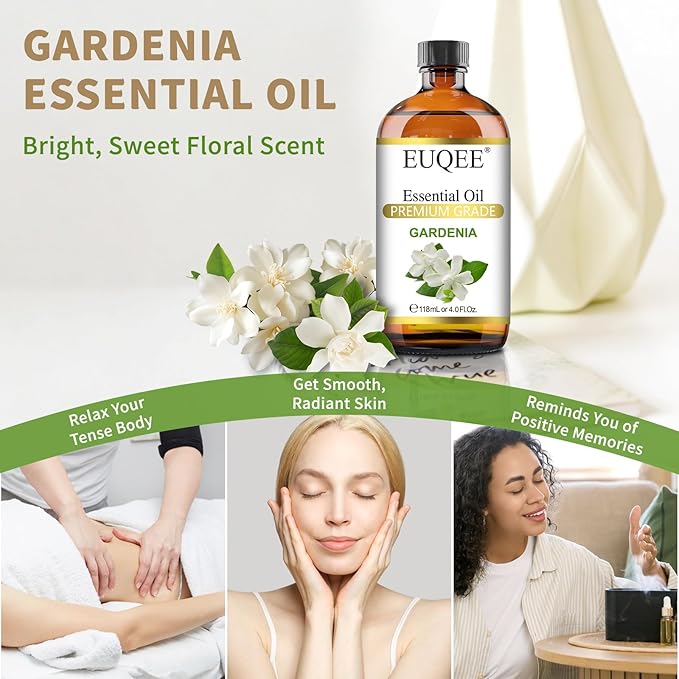 EUQEE 118ml Gardenia Essential Oil, Premium Grade Aromatherapy Oil Great for Diffuser, DIY Soap, Candle Making, Skin Care, Natural Gardenia Oil Floral Aroma for Mood (4Fl. OZ)