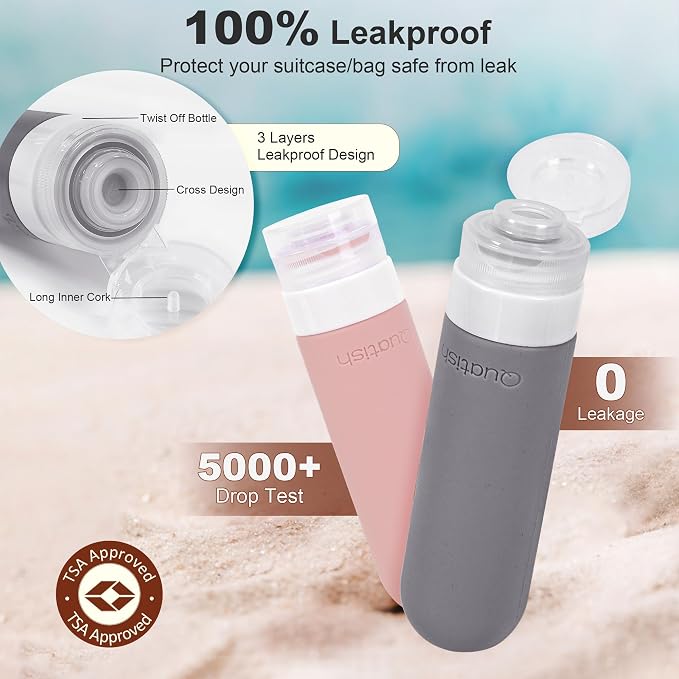 Quatish 15 Pack Travel Bottles for Toiletries, Original Patented, TSA Approved Travel Size Containers, Leak Proof Silicone Shampoo and Conditioner Bottles Women & Men, Airplane Essentials, Dusty Pink