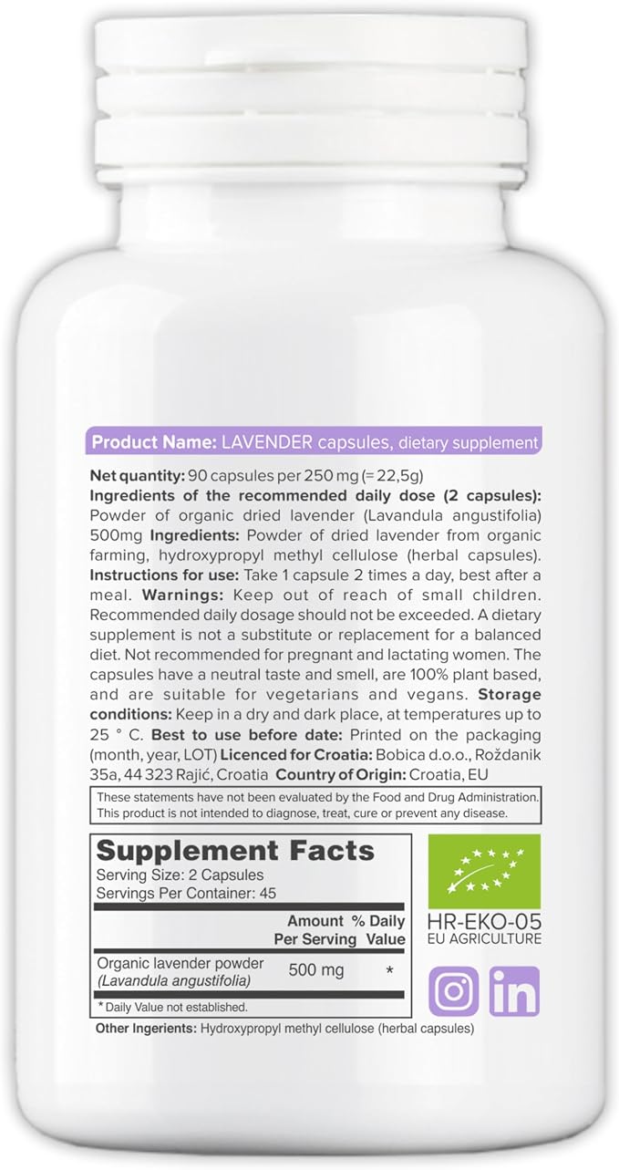 Organic Lavender Capsules - Lavender Pills for Relaxation and Balance - Supports Calm Mind and Body - Natural Supplement - Non-GMO, Gluten-Free – 90 Vegan Capsules