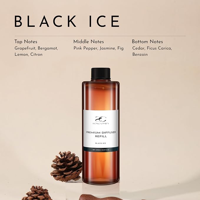 Diffuser Oil Refill, 250ml / 8.45 fl oz, Black ICE - Reed & Aromatherapy Diffuser Oil, Long-Lasting Home Fragrance, Grapefruit, Jasmine & Cedar Notes