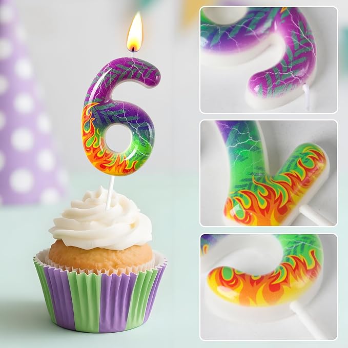 Number 6 Birthday Candle for Cake – Purple Green Flame Design with Lightning & Tire Track Pattern – Off-Road Truck Theme Cake Topper for Birthday Party Decoration