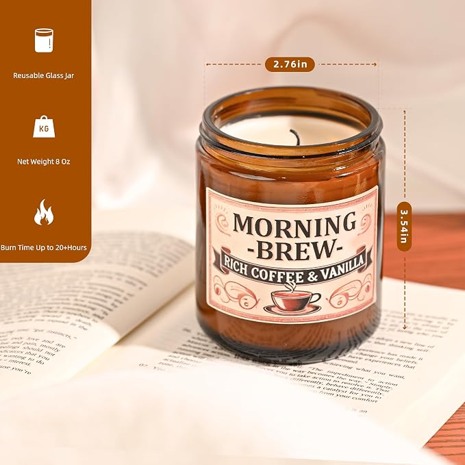 Coffee Soy Candle - Coffee Scented Candles for Home, Candles Gifts for Women, 8oz Amber Jar + Silvery Lid, 40+ Hours Burn Time, Aromatherapy Gifts for Men