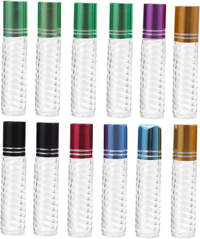 12pcs 5ml Refillable Essential Oil Roller Bottles Glass Perfume Bottles Empty Portable Travel Kit with Cap for Aromatherapy Random Color