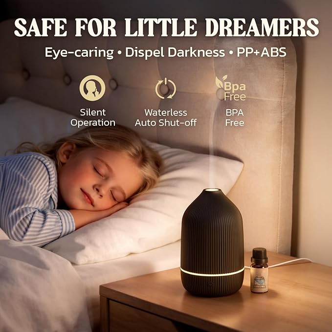 Essential Oil Diffuser, 100ml Aromatherapy Diffuser, Mini Ultrasonic Diffuser for Essential Oil, Home, Office, Cool Mist Humidifier with 7 Led Light, Auto Shut-Off, Black