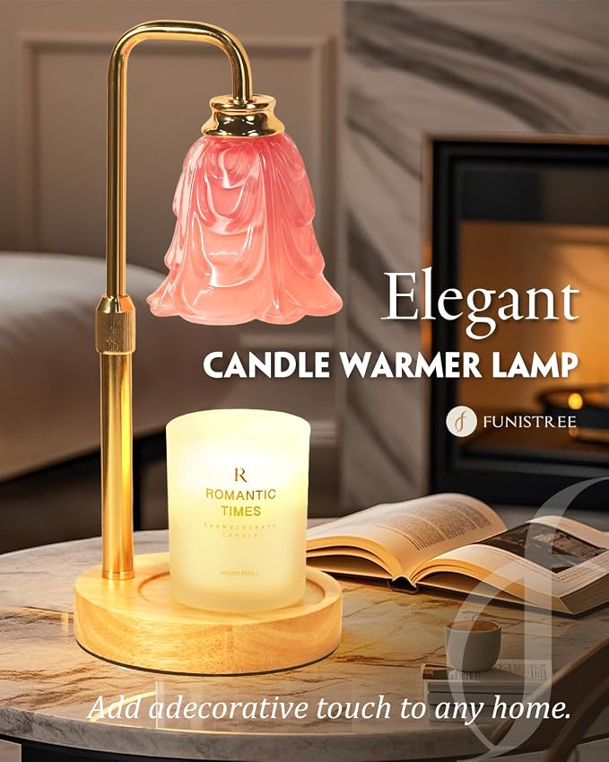 Small Candle Warmer Lamp with Timer, Adjustable Pink Flower Candle Heat Lamp, Unique Women's Gifts for Birthday, Dimmable Candles Heater, Fashion Wax Warming Light with Wood Base