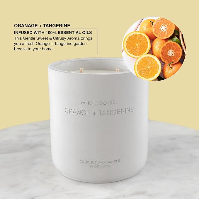 WHOLESOME. Orange Tangerine Scented Non-Toxic Candles for Home, 2 Wicks Natural Coconut Wax Candle Eco-Friendly, Luxury Aromatherapy Candles Stress Relief, 16 oz Large Concrete Jar, 90 Hours Burn
