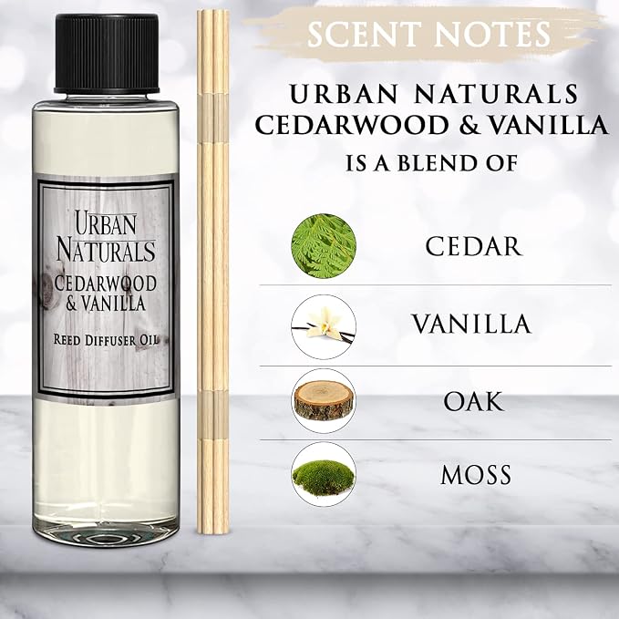 Urban Naturals Reed Diffuser Oil Refill, Cedarwood Vanilla Fragrance Oil with Oak, Cedar, Vanilla, 4 oz + Free Reed Sticks, Made in the USA
