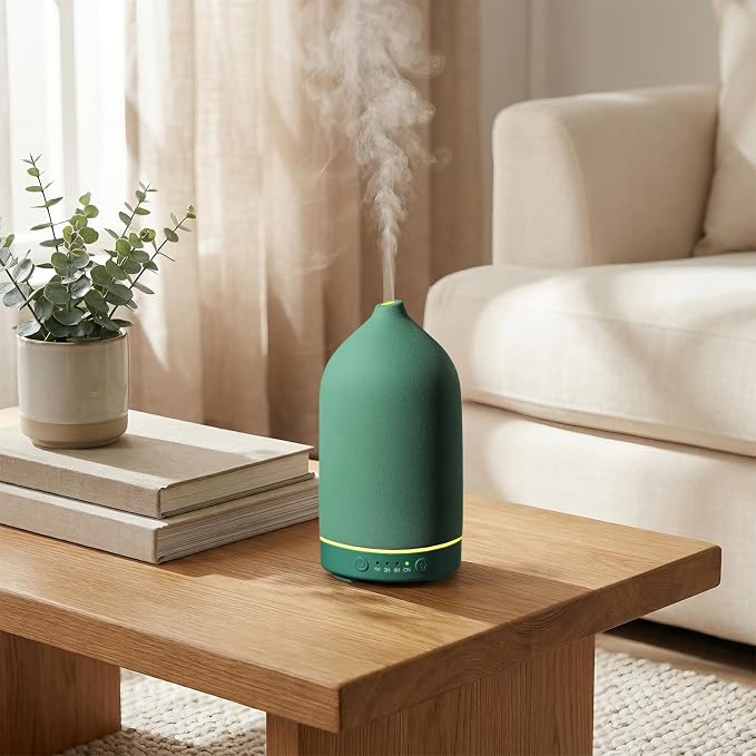 Gooamp 200ML Ceramic Essential Oil Diffuser - Ultrasonic Aromatherapy & Humidifier with 7-Color LED Lights, Auto Shut-Off, Green, 1H/3H/6H Timer | Scent for Home, Office, Yoga