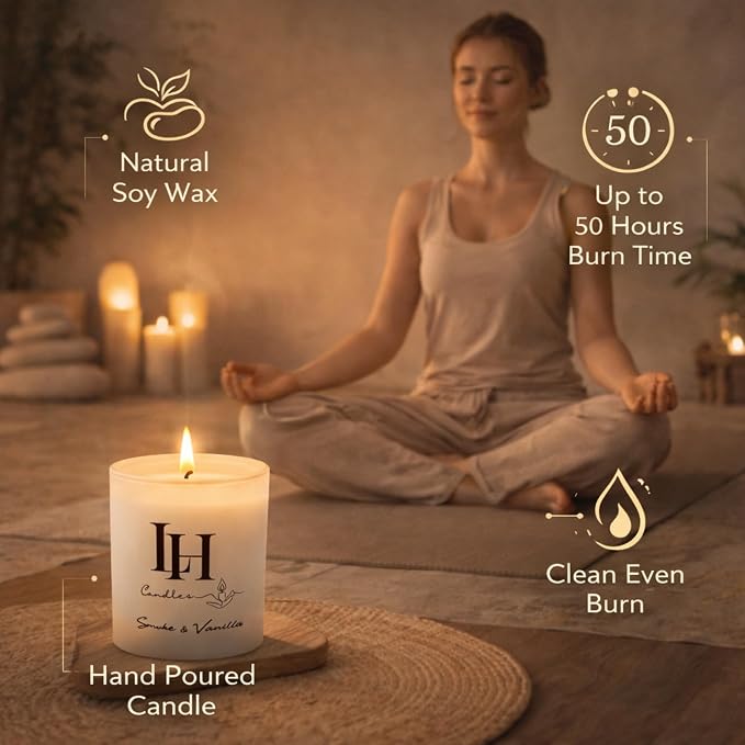 LH Smoke and Vanilla Scented Candle - Soy Wax Natural Candle - Relaxing Gifts for Women - Long Lasting Tobacco Vanilla Bean and Sandalwood Highly Scented Candles for Home Decor