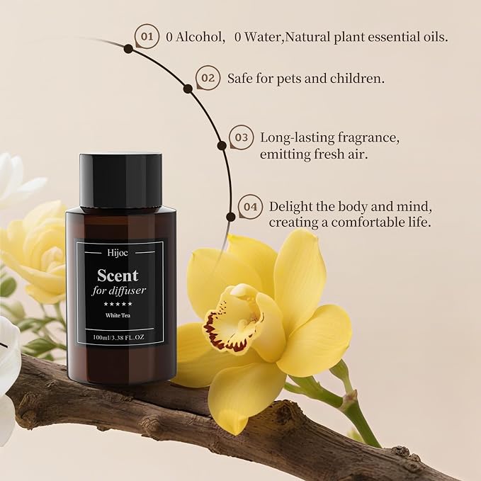 White Tea Waterless Diffuser Oil,Hotel Inspired Luxury Scent,Long Lasting Fragrance Oils for Ultrasonic & Reed Diffusers,Plastic Bottle,100ml(3.4fl oz)