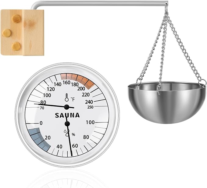 Relaxweex 2 Sets Sauna Thermometer and Aromatherapy Bowl Oil Cup Holder, 2 in 1 Fahrenheit Thermometer and Hygrometer 15 Minute Timer Sauna Accessories for Indoor Infrared Steam Saunas Room, Bath Spa