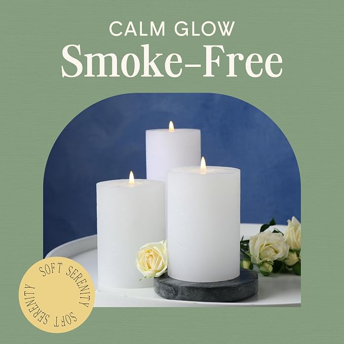 Mister Candle Dripless Unscented Pillar Candles, Set of 3 Hand Poured White Pillar Candles, Solid Color Non-Scented Candles for Home Decor, Premium Wax, 80 Hr Burn Time, 3x6 Inch
