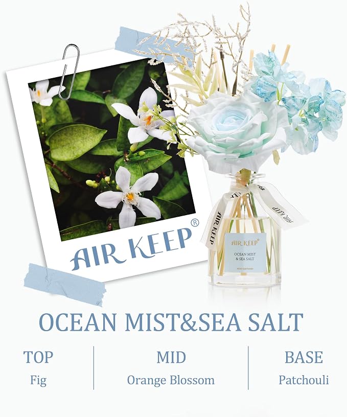 Airkeep Flower Reed Diffuser Set, Ocean Mist&Sea Salt Diffuser Gift Set,4.06 fl oz Essential Oil Sticks Diffusers for Bathroom Air Freshener, Aromatherapy Home Fragrance Shelf Decor, Gift for Women