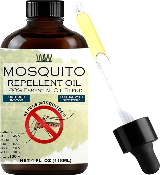 W4W Mosquito Oil - 100% Essential Oil Blend - 4 Oz - Mosquitoes, Gnats & Other Flying Insects - for use with Diffusers, Sprays, Lotions, & Soaps - 4 Ounce Dropper Bottle