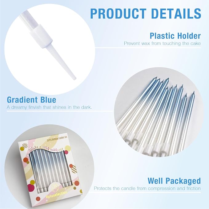 24-Count Gradient Blue Birthday Candles, Long Thin Cake Candles for Wedding, Celebration, Birthday Party Cake Cupcake Decorations