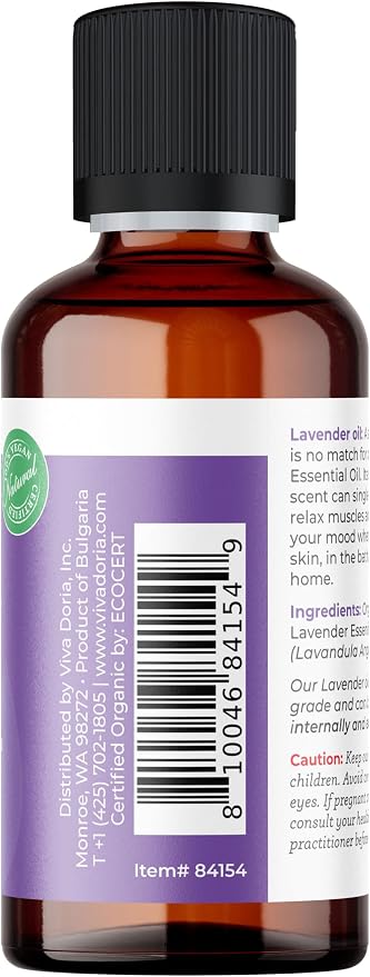 Viva Doria Lavender Essential Oil, USDA Certified, Organic Lavender Oil, 100% Pure, Natural Essential Oil, Undiluted, for Aromatherapy | Food Grade, 30 mL (1 Fluid Ounce)